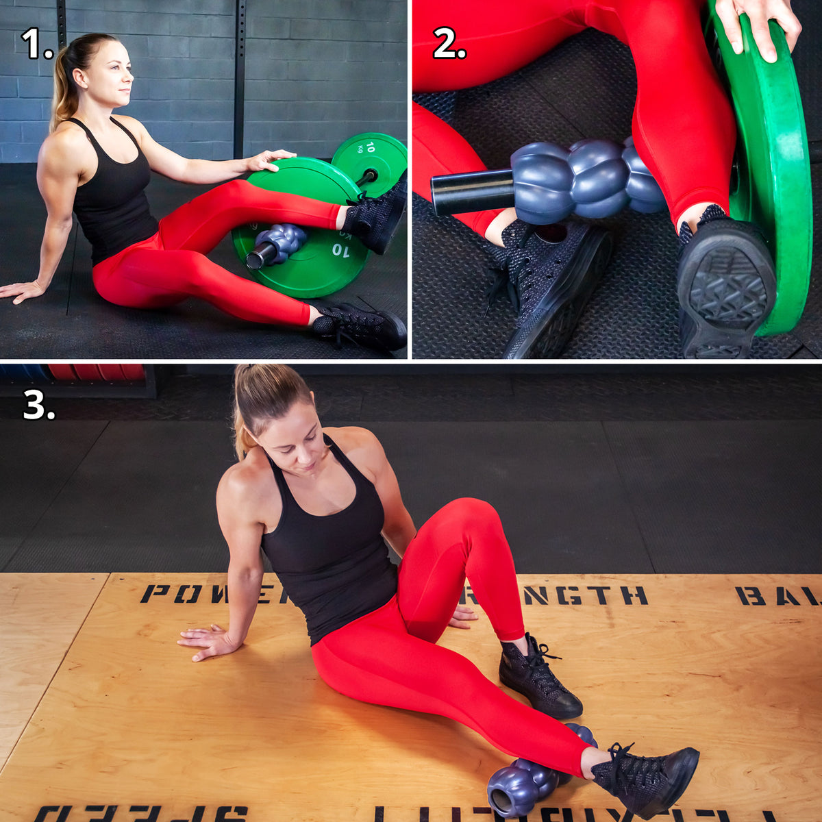 A female powerlifter performing self-massage on her calf muscles with a massage roller on a barbell