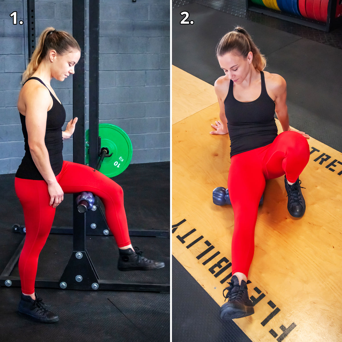 A female weightlifter using a massage roller with a barbell to perform trigger point and active release therapy on her hamstrings