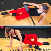 An athletic woman using a massage roller and barbell to treat tight muscles surrounding the IT band