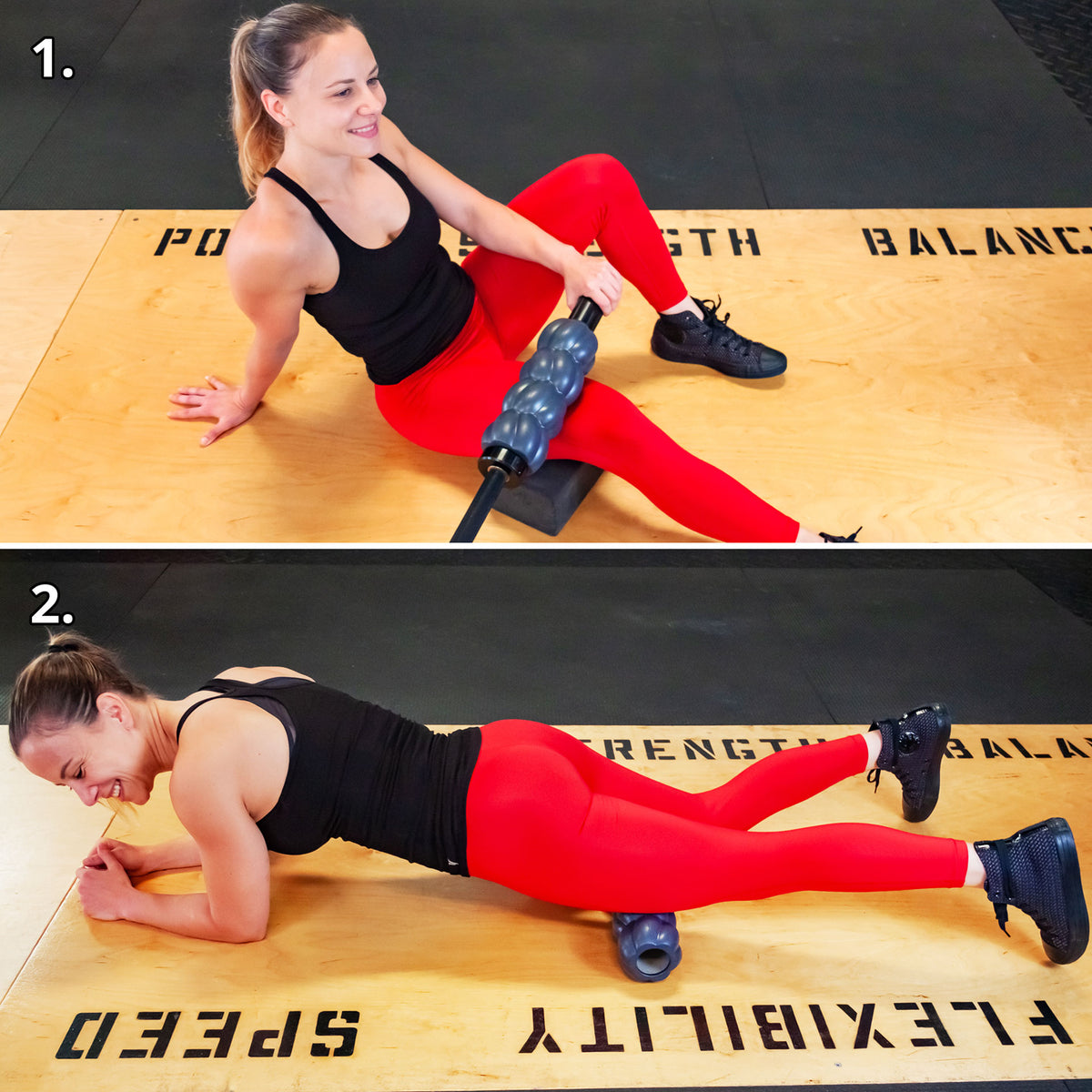 An athletic female demonstrating two ways to perform myofascial release with a Revolv Roller on the quadriceps muscles, with and without a barbell.